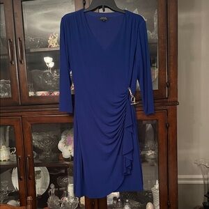 Tahari Deep Blue Asymmetrical Dress with Gold Accent